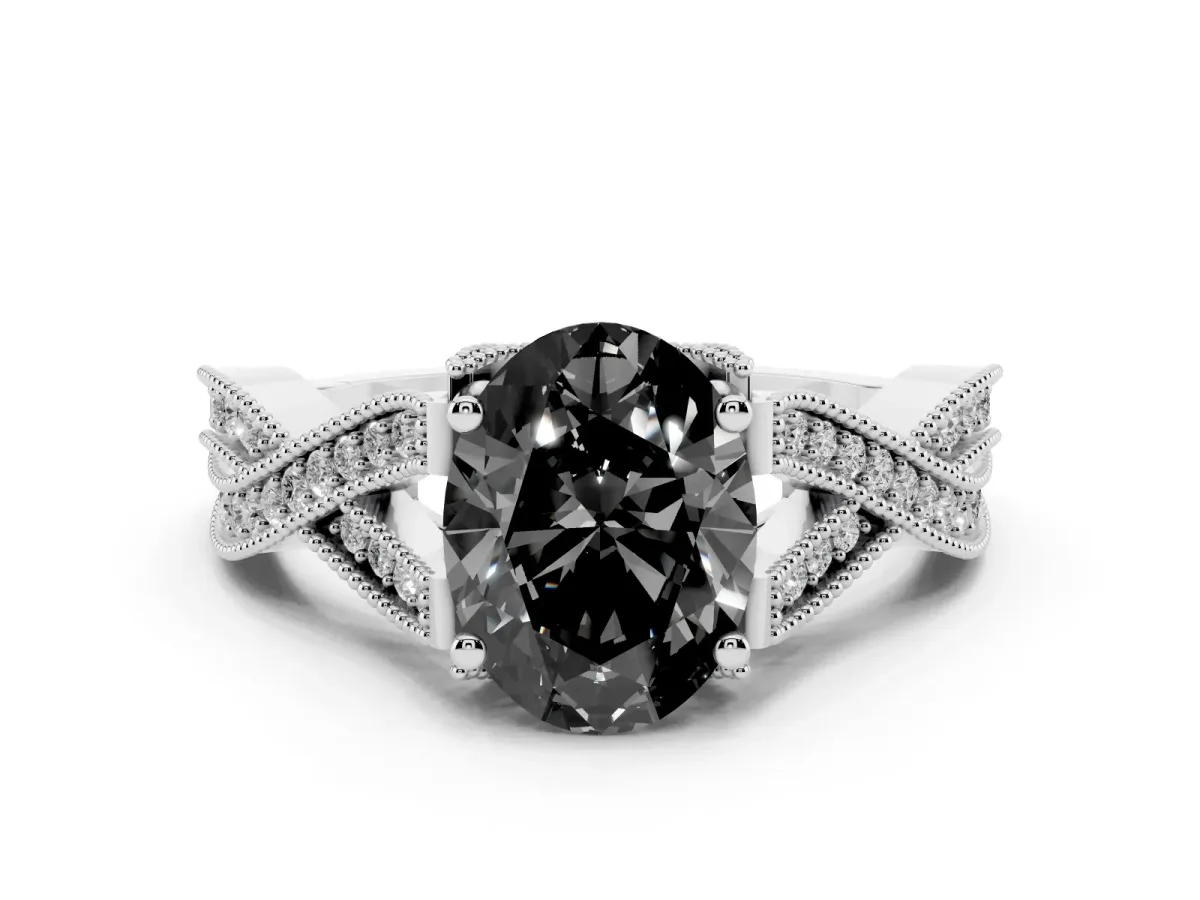 Fancy Black Oval Cut Cut Diamond Twisted Band with Milgrain Pave Setting and Four-Prong Setting Silver