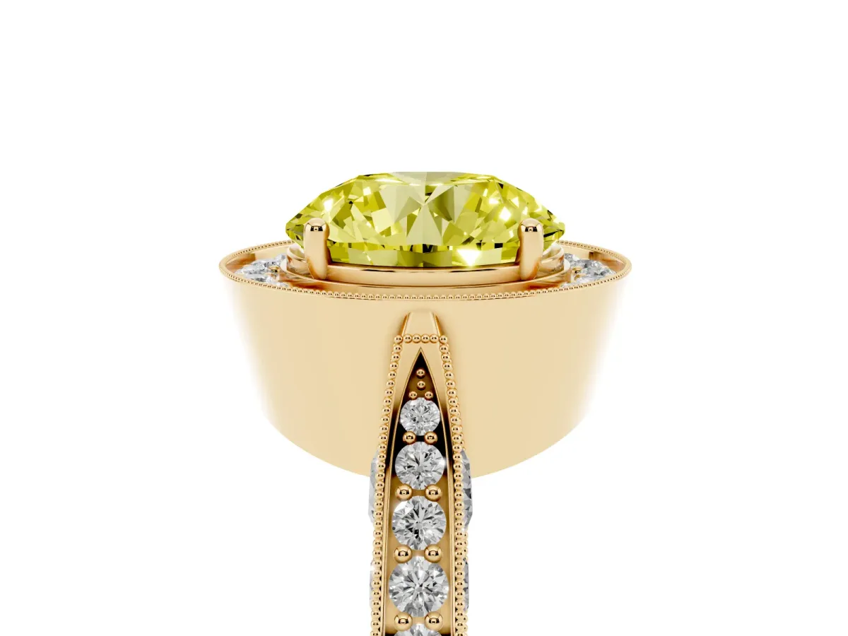 Fancy Yellow Round Cut Halo Diamond Engagement Ring with Split Shank Band and Four-Prong Setting Yellow gold
