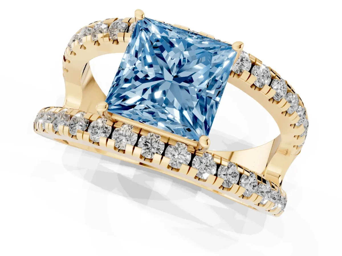 Fancy Blue Princess Cut Solitaire Split Shank Pave Diamond Ring Yellow gold