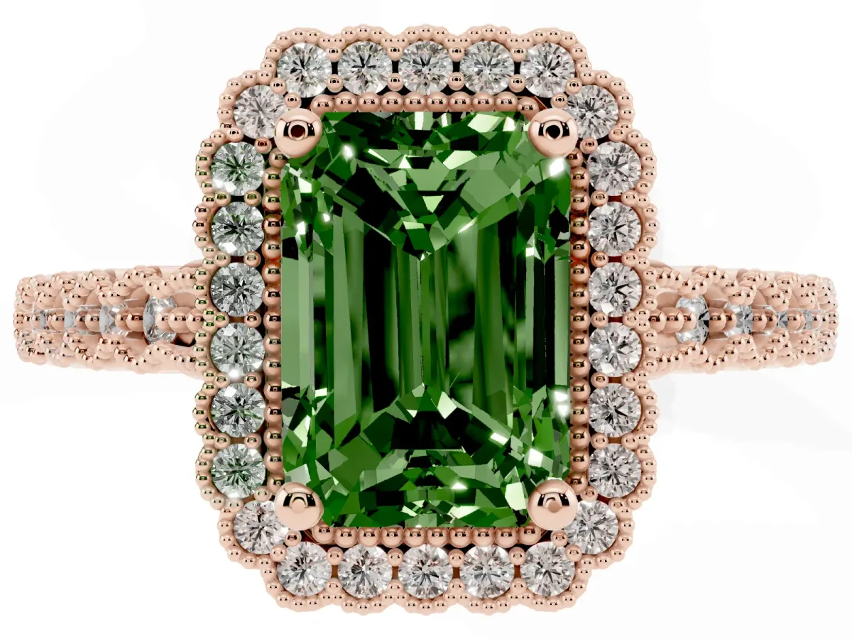 Fancy Green Radiant Cut Cut Halo Pavé Solitaire Ring with Milgrain Band Rose gold