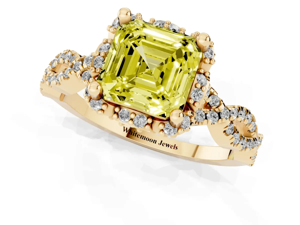 Fancy Yellow Asscher Cut Halo Twist Band Solitaire Ring with Six-Prong Setting Yellow gold