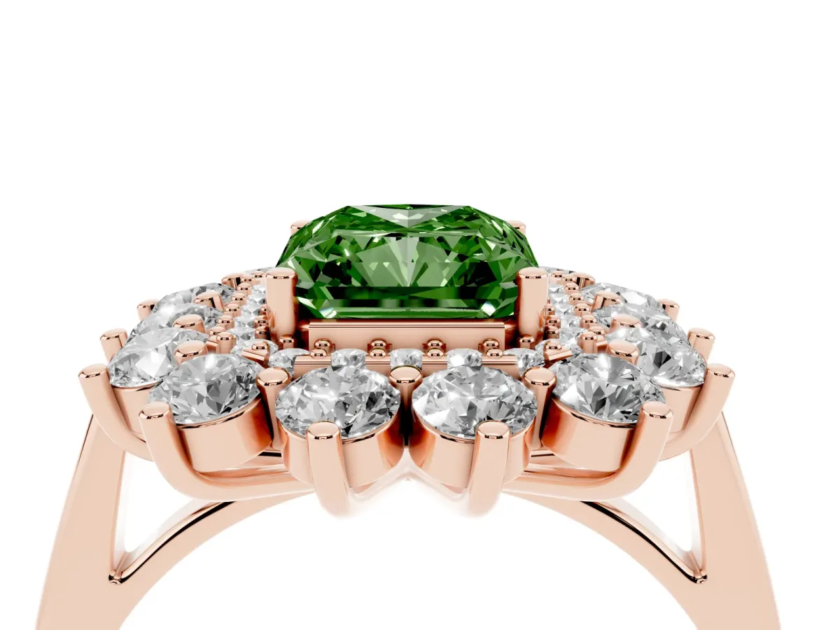Fancy Green Radiant Cut Diamond Floral Double Halo Engagement Ring with Prong Setting Rose gold