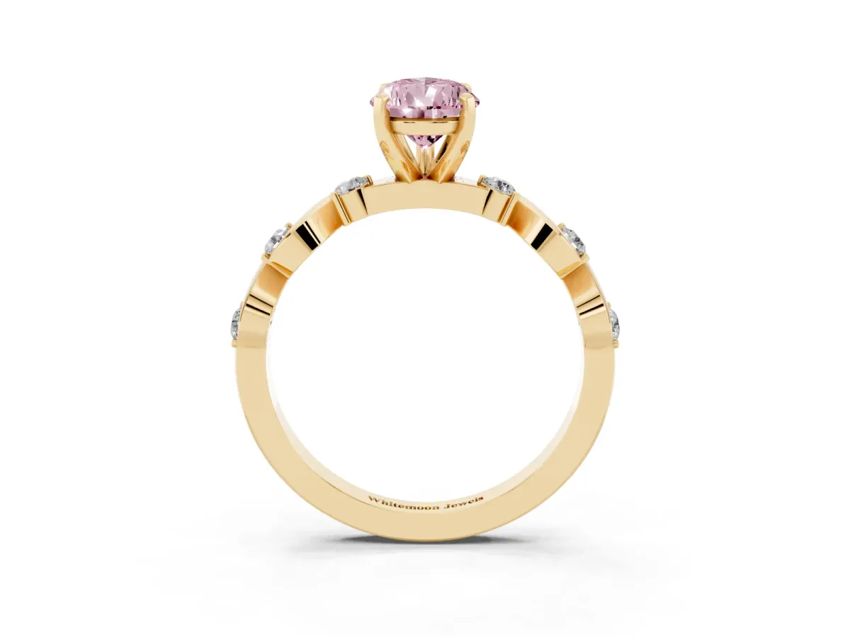 Fancy Pink Pear Cut Diamond Solitaire Twisted Band with Round Accents and Prong Setting Yellow gold