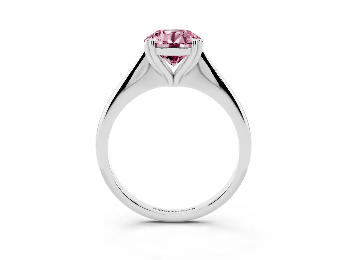 Fancy Pink Round Cut Solitaire Diamond Ring with Six-Prong Setting and Classic Band Silver