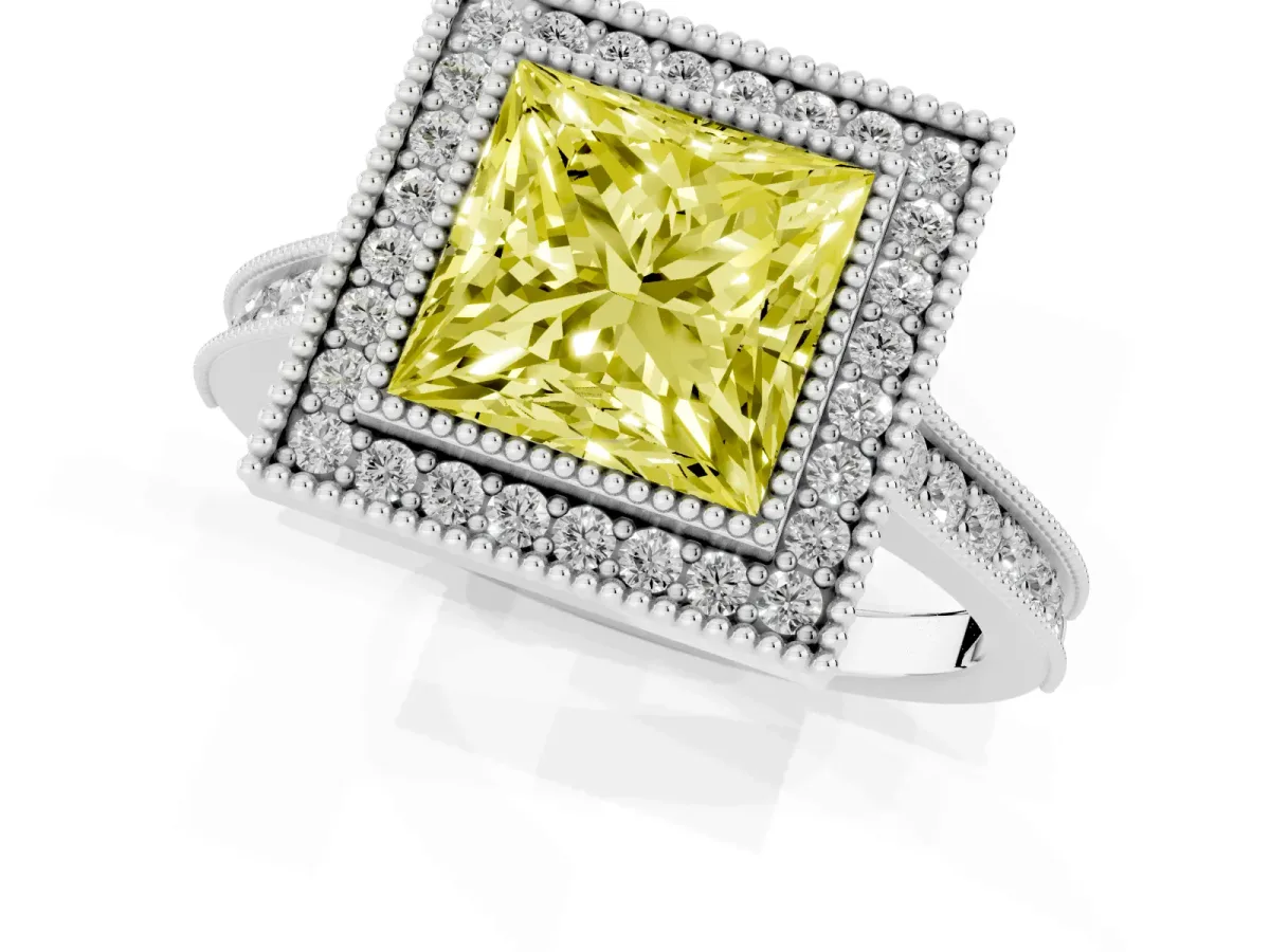 Fancy Yellow Halo Princess Cut-Cut Diamond Pave Band Milgrain Prong Setting Ring White gold