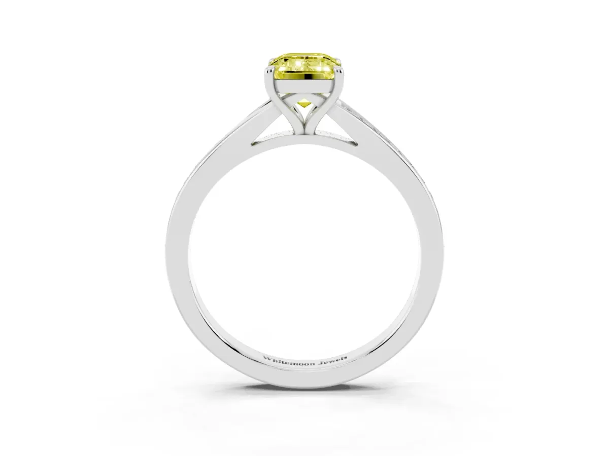 Fancy Yellow Emerald Cut Diamond Solitaire Ring with Pavé Band and Prong Setting Silver