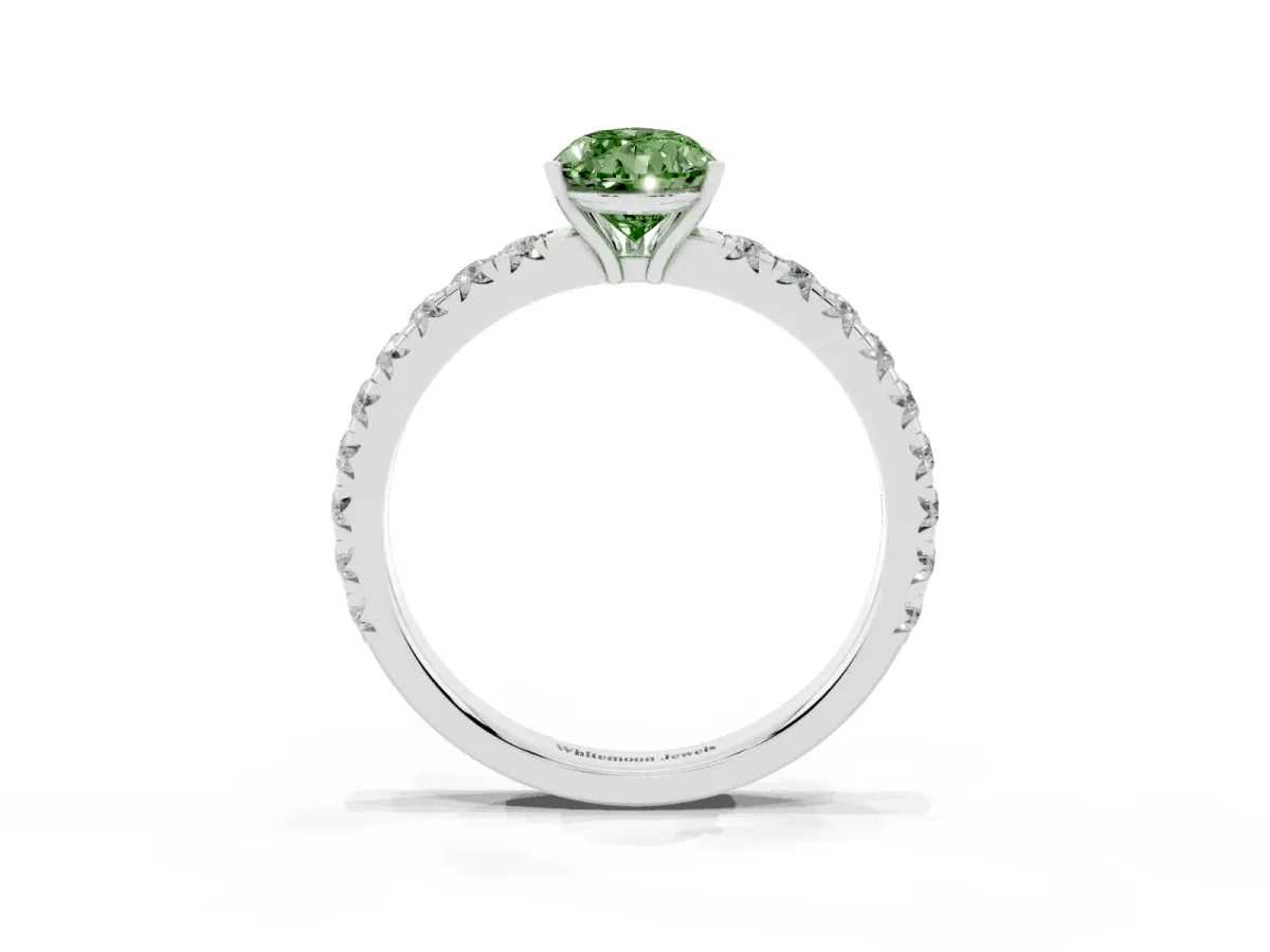 Fancy Green Pear Cut Diamond Pavé Solitaire Engagement Ring with Four-Prong Setting Silver