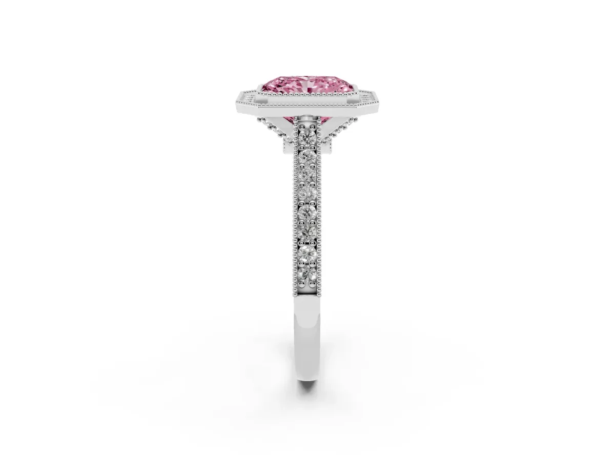 Fancy Pink Halo Radiant Cut-Cut Diamond Pave Band Milgrain Prong Setting Ring Silver