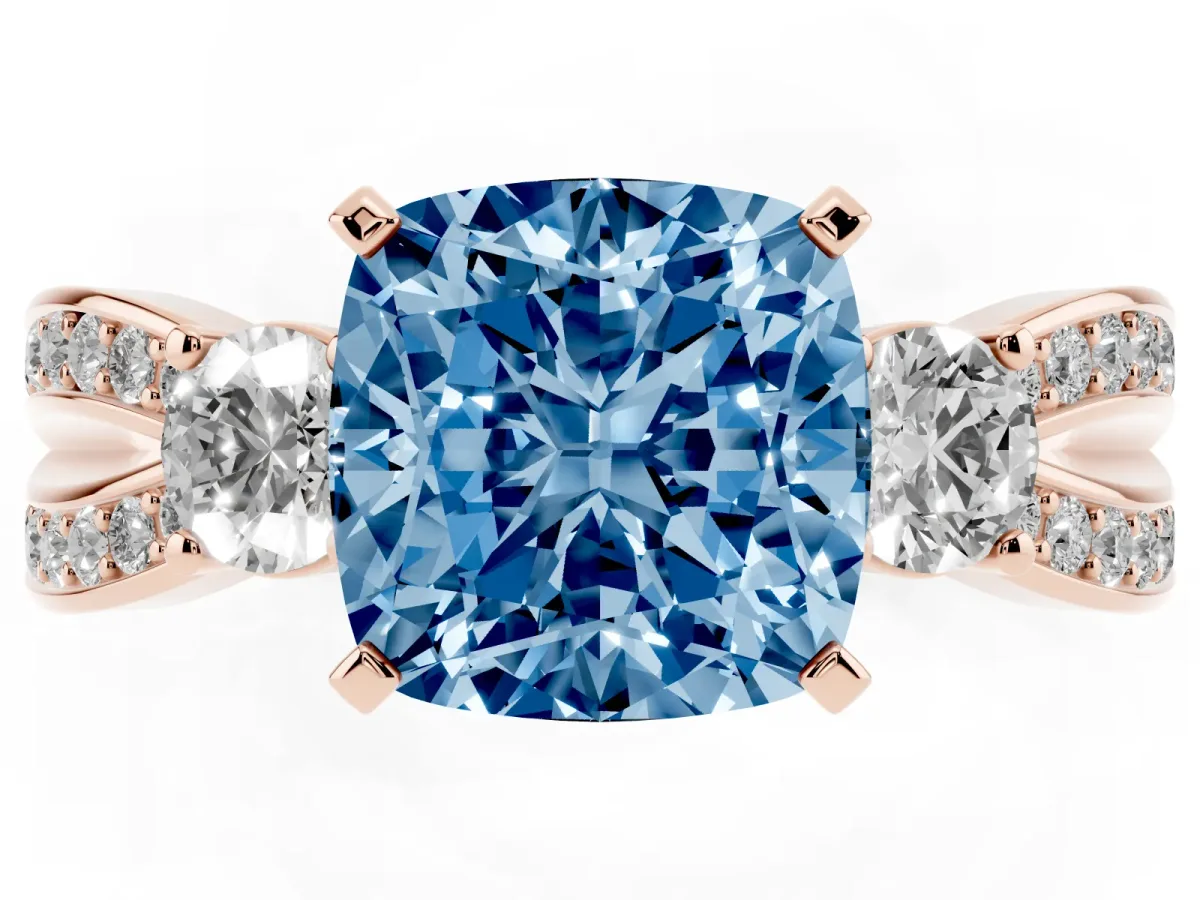Fancy Blue Three-Stone Cushion Cut Cut Diamond Twist Band with Prong Setting Rose gold