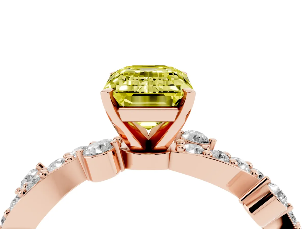 Fancy Yellow Emerald Cut Cut Solitaire Diamond Twisted Band with Pave Setting Rose gold
