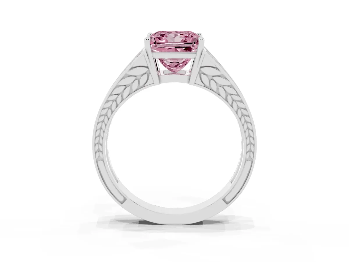 Fancy Pink Princess Cut Diamond Split Shank Ring with Pavé Band and Four-Prong Setting Platinum
