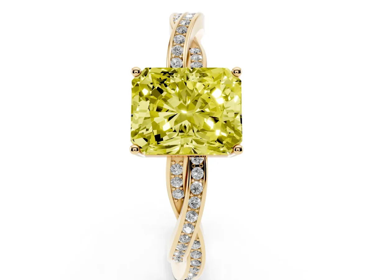 Fancy Yellow Radiant Cut Solitaire Twisted Pave Diamond Ring with Four-Prong Setting Yellow gold