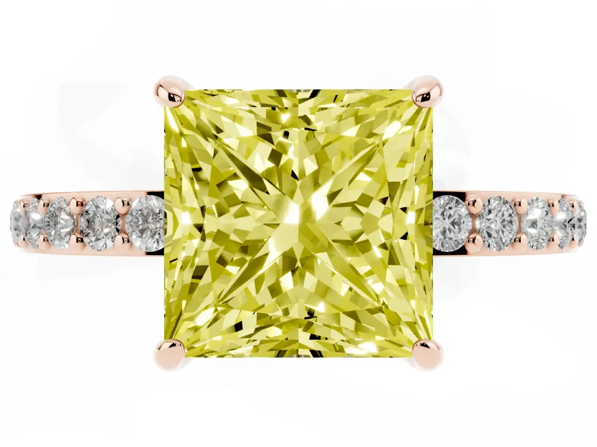 Fancy Yellow Princess Cut Diamond Solitaire Engagement Ring with Pavé Band and Four-Prong Setting Rose gold