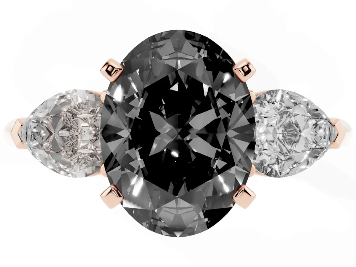Fancy Black Three-Stone Oval Cut Diamond Ring with Pear Side Stones and Four-Prong Setting Rose gold