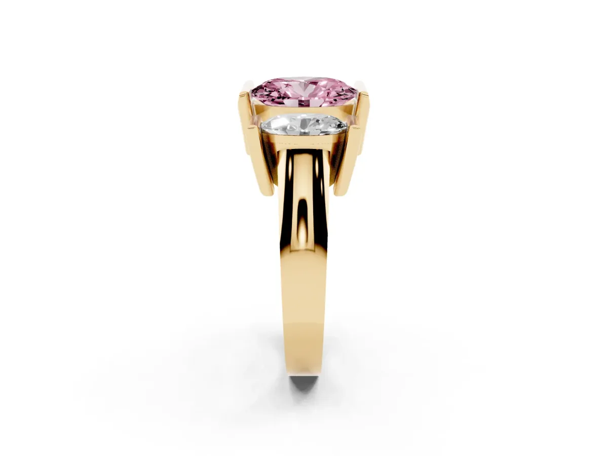 Fancy Pink Three Stone Oval Cut Cut Channel Set Diamond Ring Yellow gold