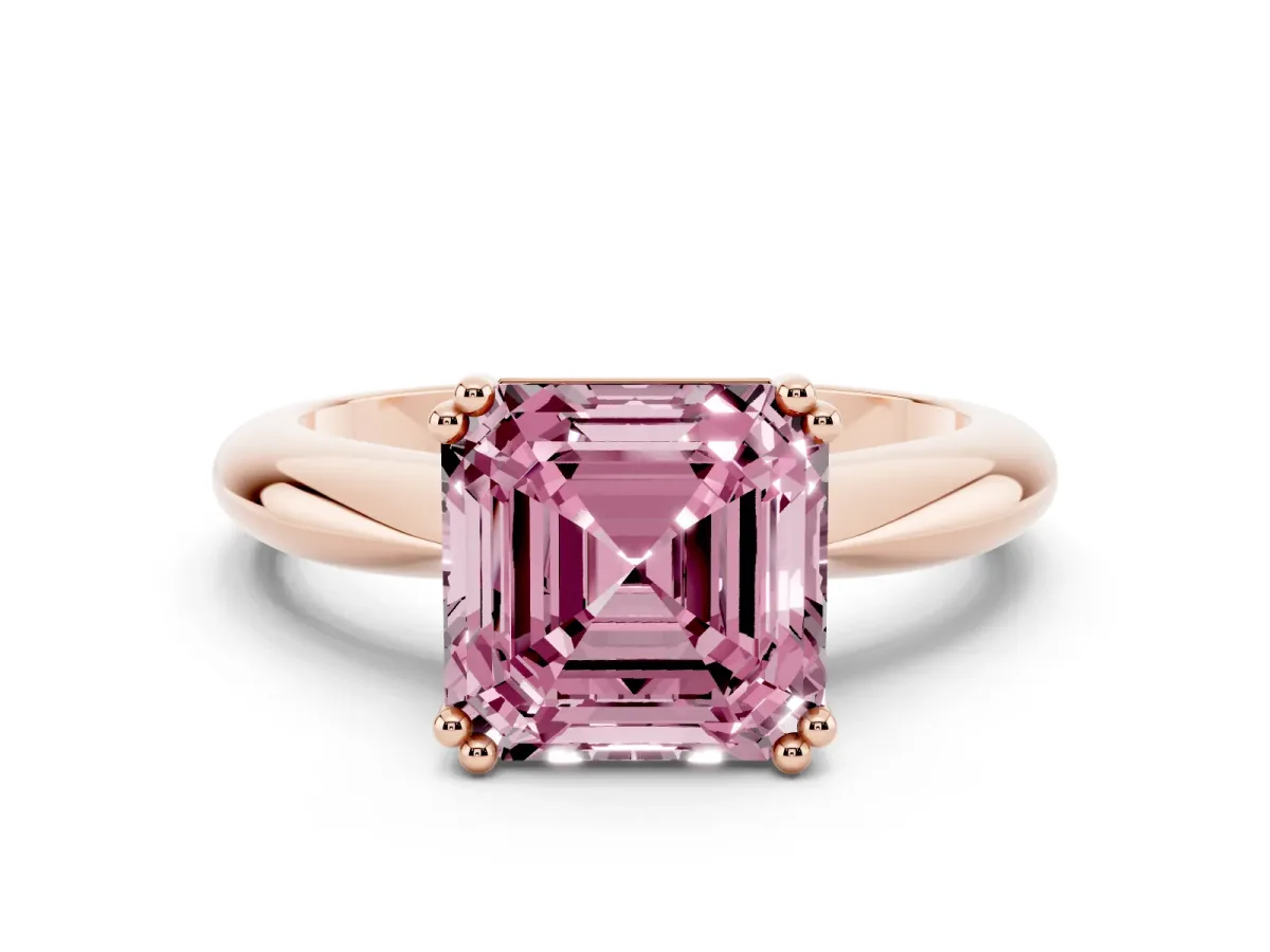 Fancy Pink Asscher Cut Cut Solitaire Engagement Ring with Tapered Band and Four-Prong Setting Rose gold