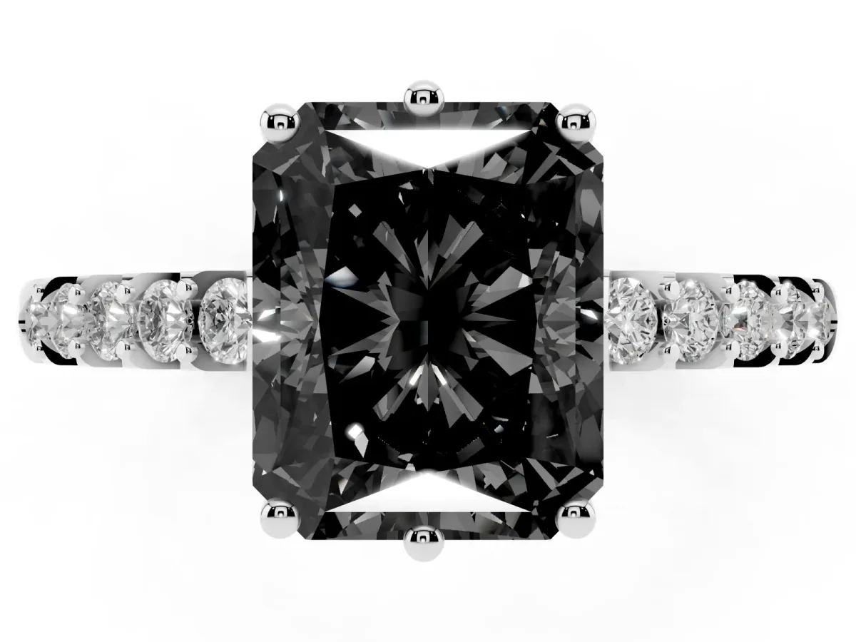 Fancy Black Radiant Cut Solitaire Diamond Engagement Ring with Pavé Band and Six-Prong Setting Silver