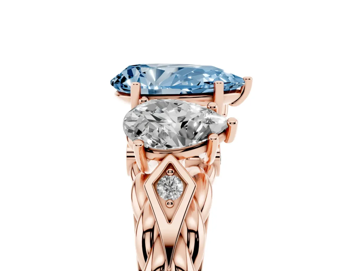 Fancy Blue Three-Stone Pear Cut Diamond Braided Band Ring with Four-Prong Setting Rose gold
