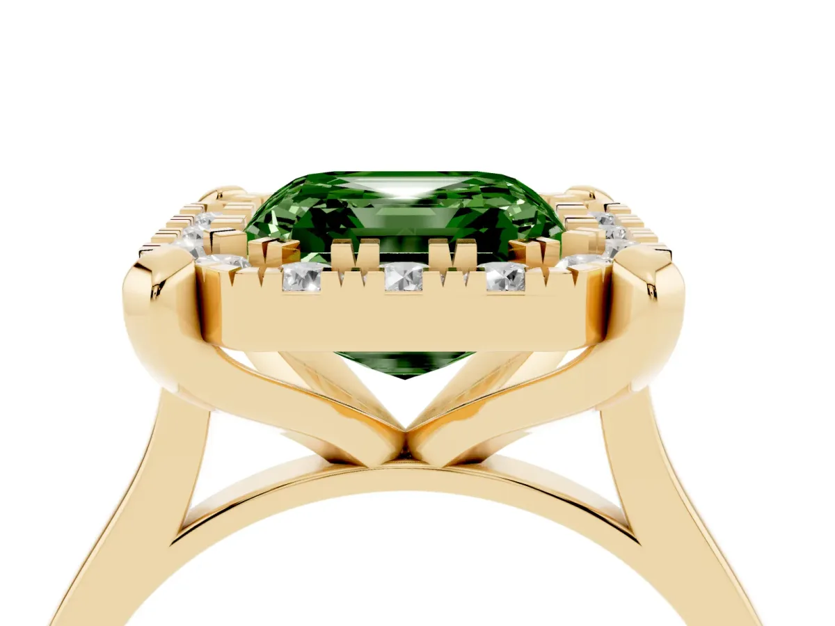 Fancy Green Asscher Cut Diamond Cluster Halo Solitaire with Four-Prong Setting Yellow gold