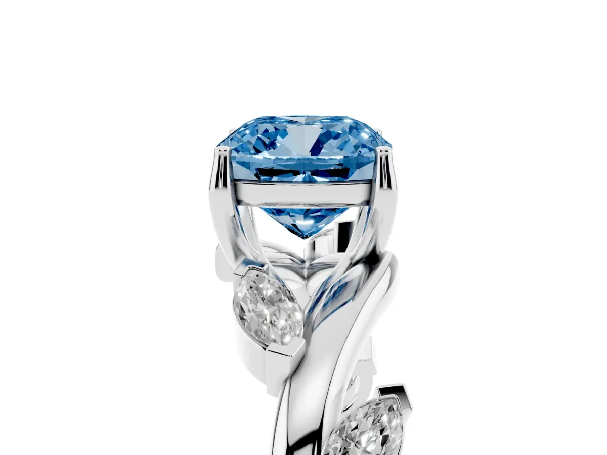 Fancy Blue Cushion Cut Solitaire Twisted Band Marquise Accent Prong Setting Ring Platinum