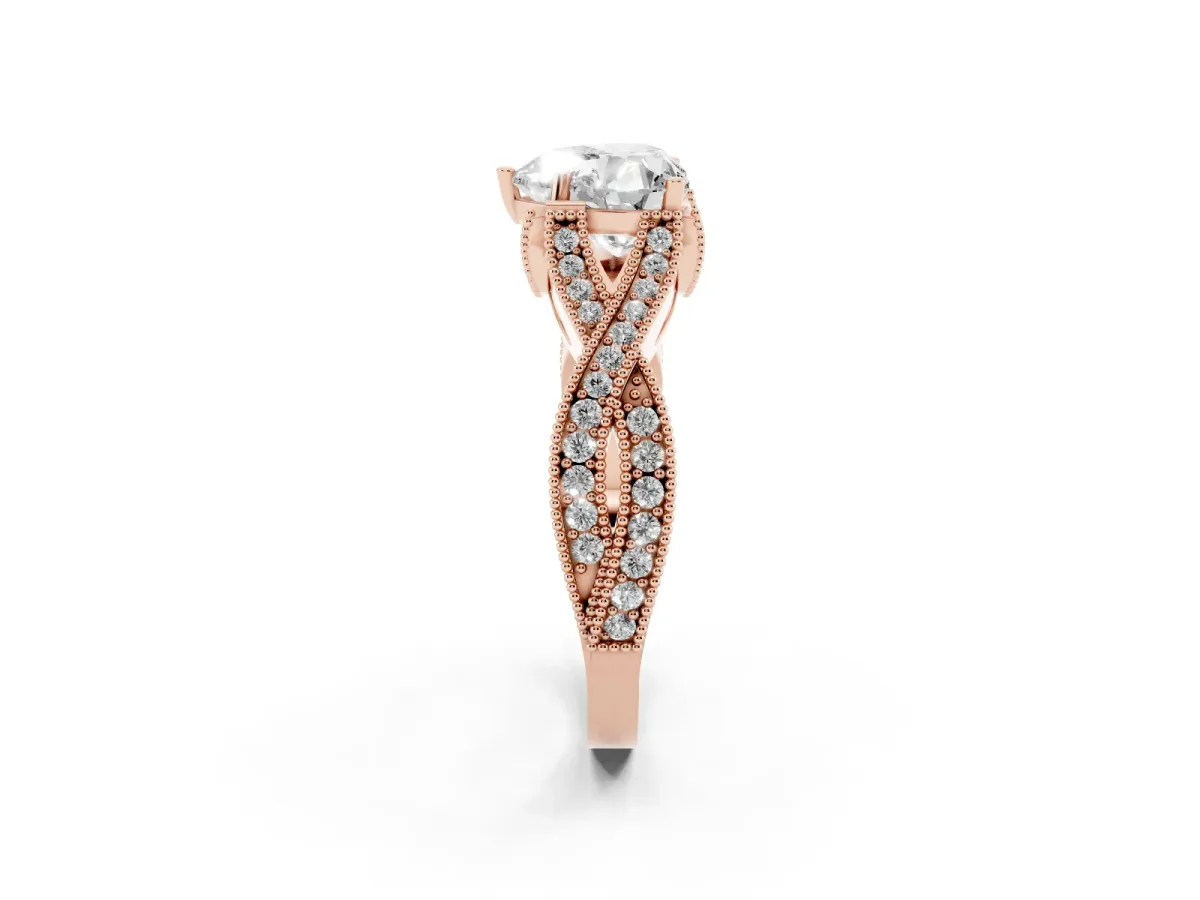 Heart Cut Cut Diamond Twisted Band with Milgrain Pave Setting and Four-Prong Setting Rose gold