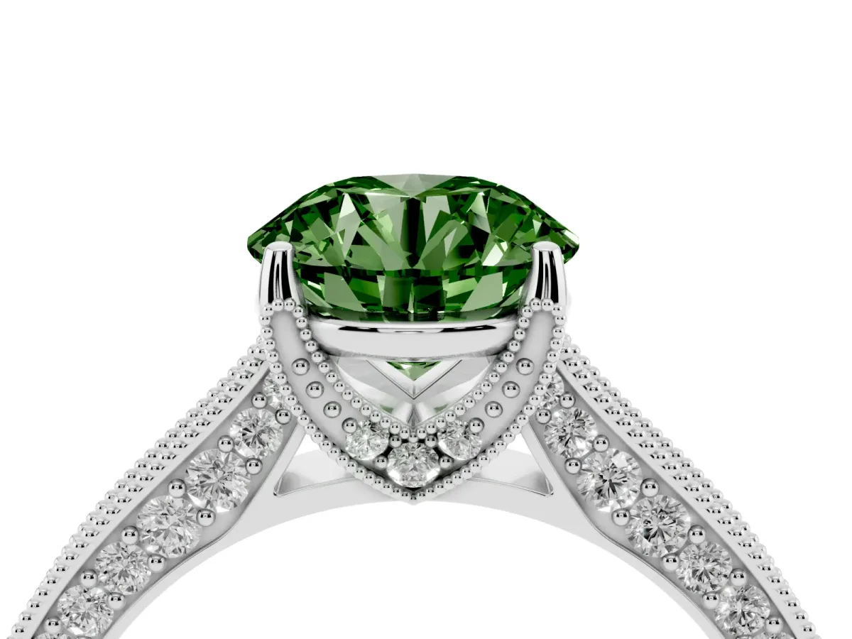 Fancy Green Round Cut Cut Diamond Solitaire Ring with Milgrain Pave Band and Four Prong Setting White gold