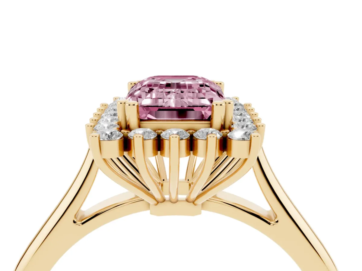 Fancy Pink Emerald Cut Cut Diamond Halo Ring with Solitaire Band and Prong Setting Yellow gold