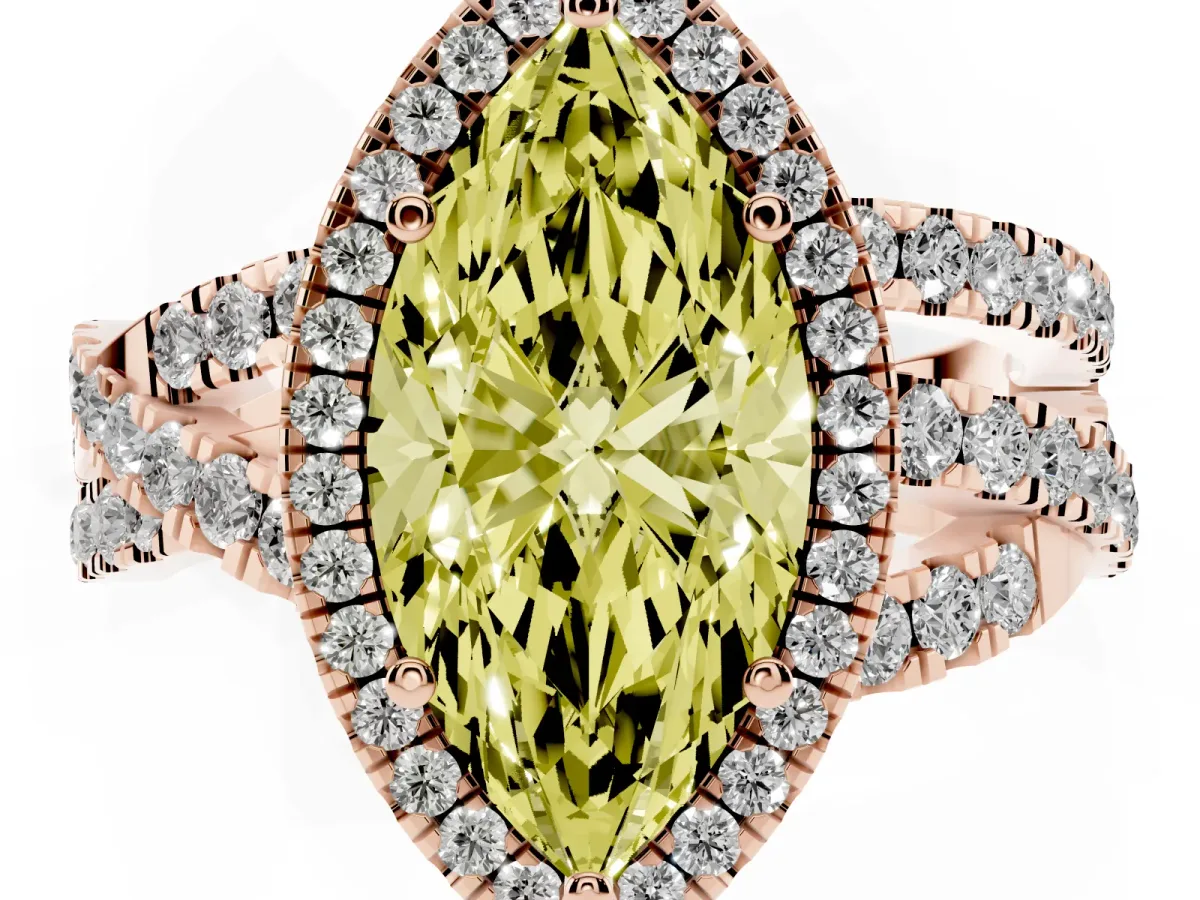 Fancy Yellow Marquise Cut Diamond Halo Ring with Round Split Shank and Prong Setting Rose gold