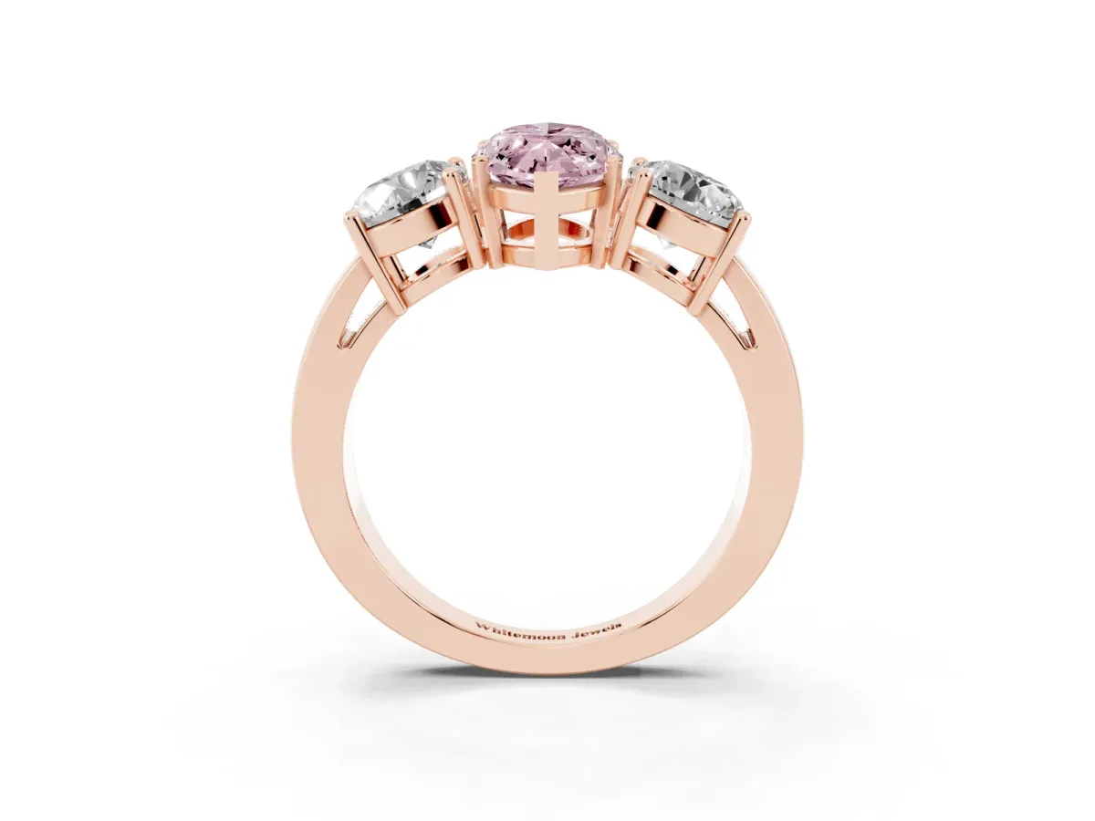 Fancy Pink Three-Stone Marquise Cut Diamond Ring with Round Side Stones, Classic Band, and Four-Prong Setting Rose gold