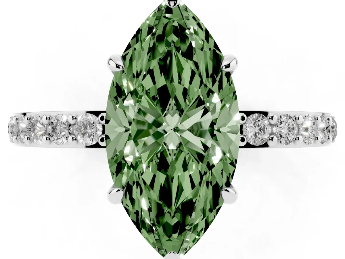 Fancy Green Marquise Cut Diamond Pavé Engagement Ring with Round Accents and Prong Setting Platinum
