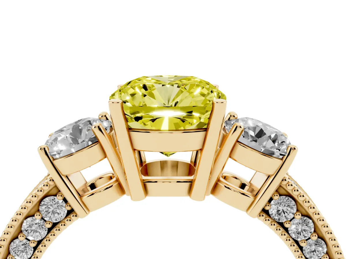 Fancy Yellow Cushion Cut Three-Stone Diamond Ring with Pavé Band and Four-Prong Setting Yellow gold