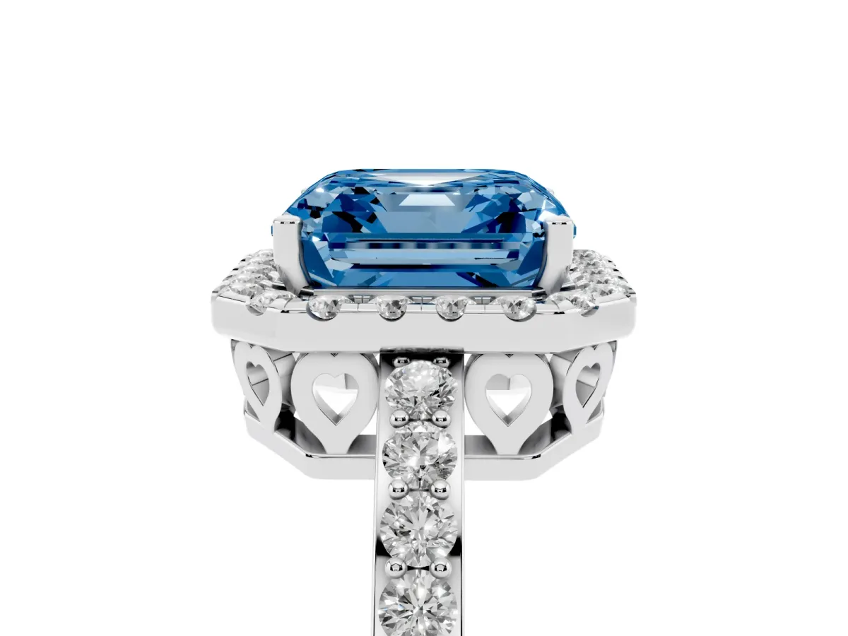 Fancy Blue Asscher Cut Halo Diamond Pavé Band Ring with Prong Setting Silver