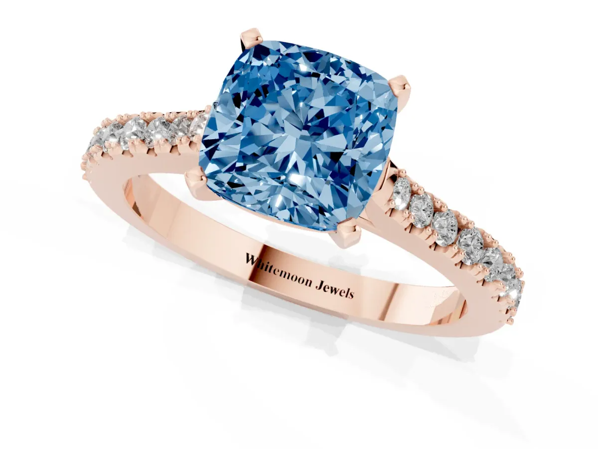 Fancy Blue Cushion Cut Cut Solitaire Diamond Engagement Ring with Pave Band and Four-Prong Setting Rose gold