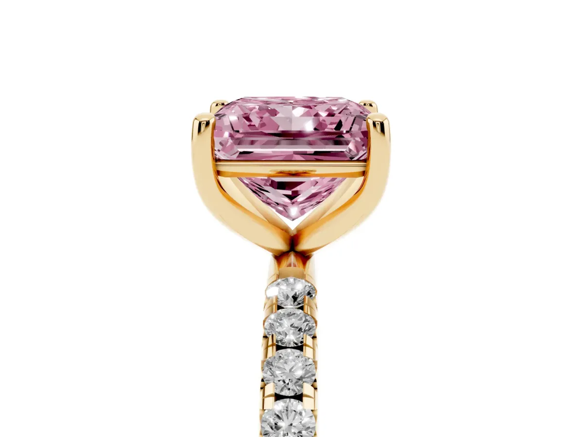 Fancy Pink Princess Cut Cut Diamond Solitaire Ring with Micro Pave Band and Four Prong Setting Yellow gold