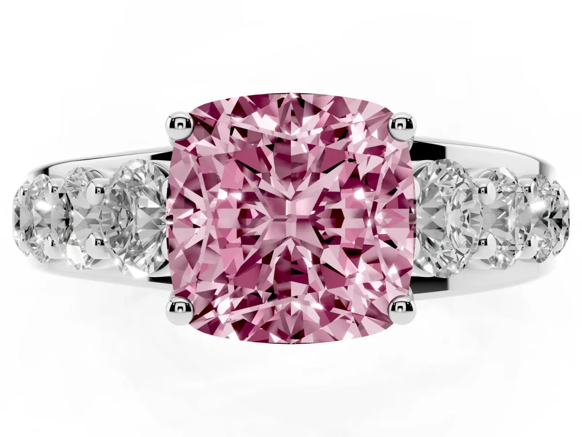 Fancy Pink Cushion Cut Diamond Engagement Ring with Pavé Band and Four-Prong Setting Silver