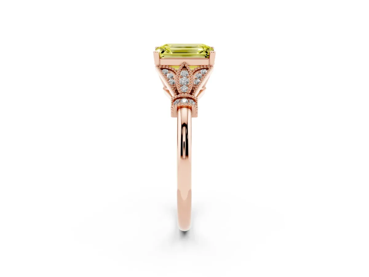 Fancy Yellow Emerald Cut Diamond Solitaire Ring with Floral Filigree and Pave Accents Rose gold