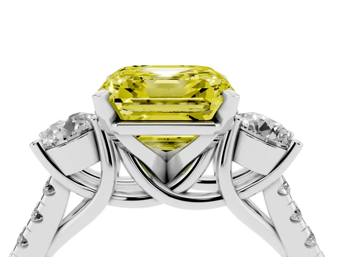Fancy Yellow Three-Stone Asscher Cut Diamond Pavé Band with Four-Prong Setting Silver