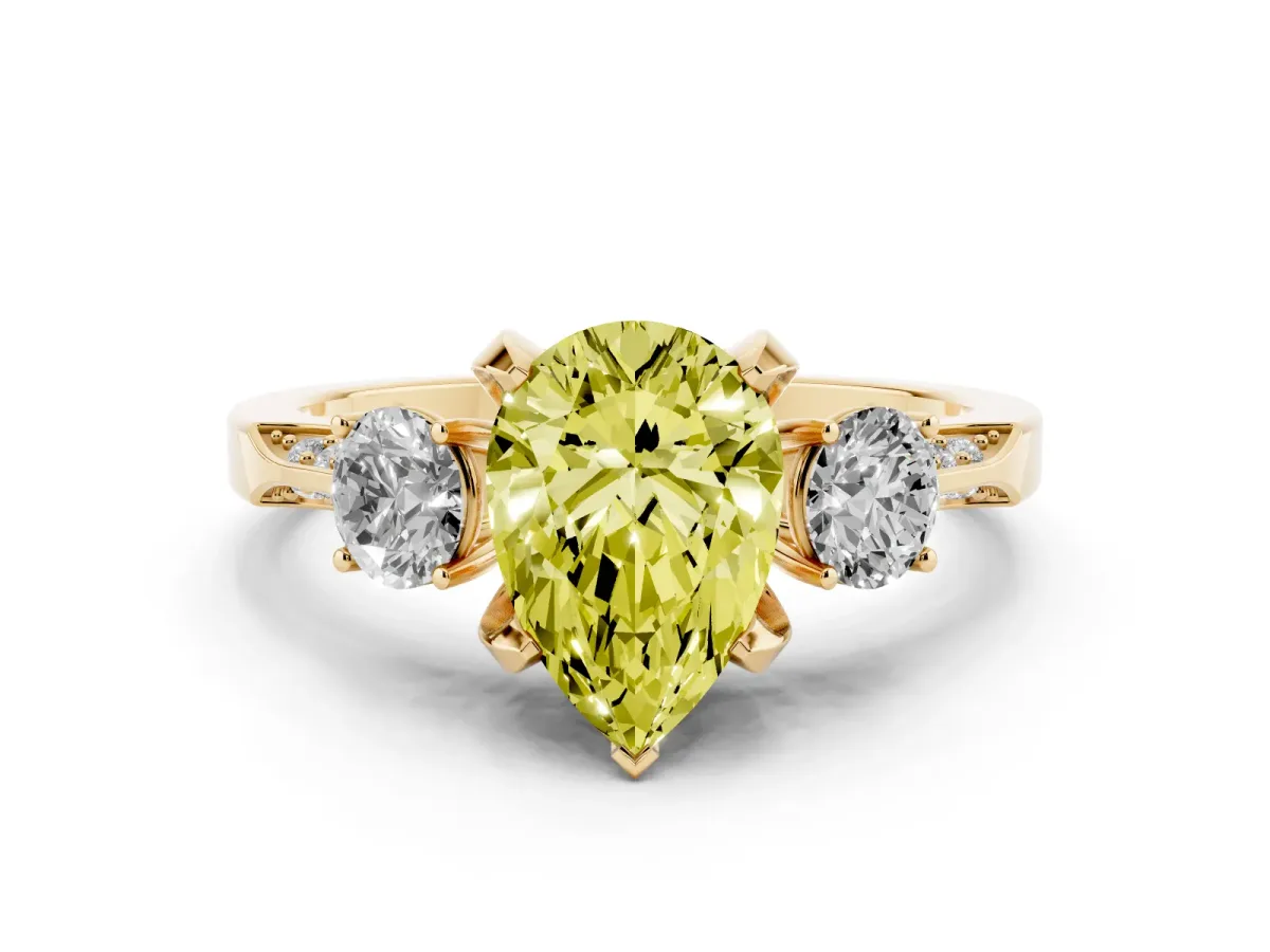 Fancy Yellow Pear Cut Brilliant Three-Stone Diamond Ring with Pavé Band and Four-Prong Setting Yellow gold
