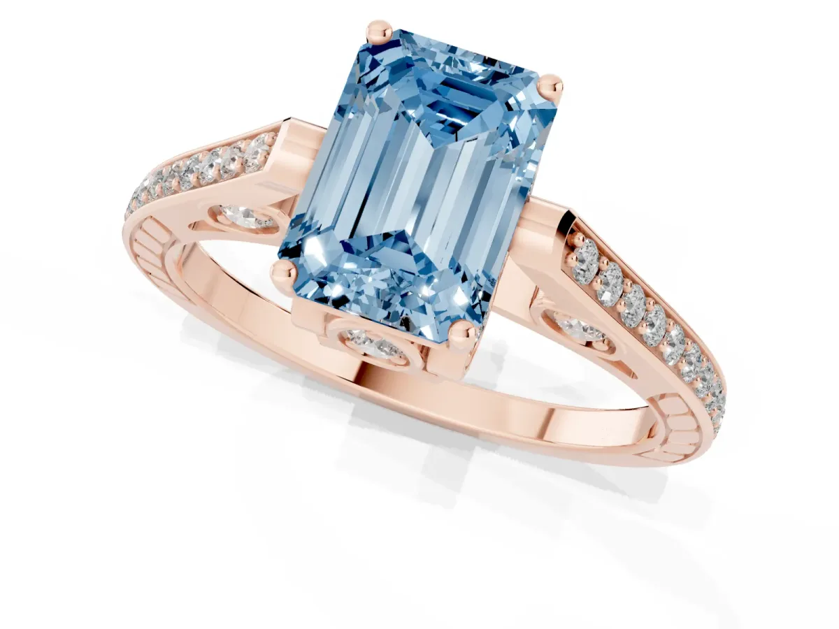 Fancy Blue Emerald Cut Cut Cathedral Pave Diamond Engagement Ring with Six-Prong Setting Rose gold
