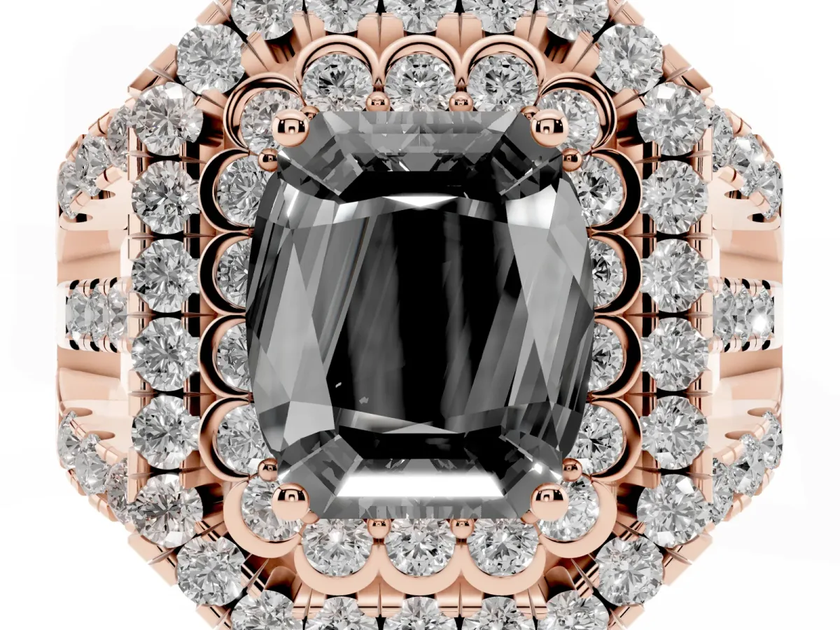 Fancy Black Emerald Cut Diamond Double Halo Ring with Round Pavé Split Shank and Prong Setting Rose gold