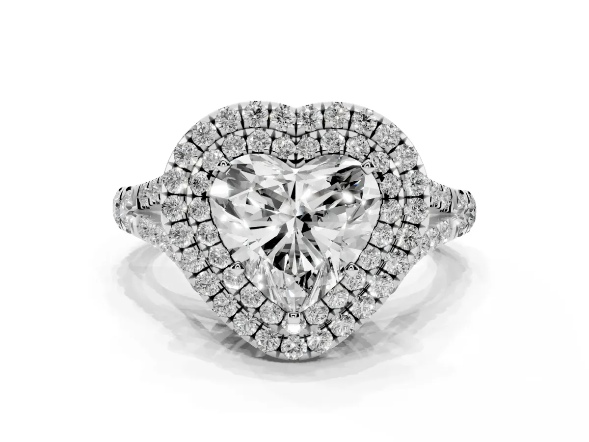 Heart Cut Cut Double Halo Split Shank Diamond Ring with Prong Setting Silver