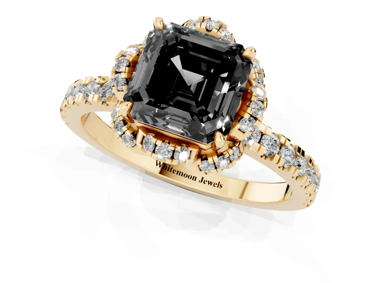 Fancy Black Asscher Cut Diamond Halo Pave Band with Four-Prong Setting Yellow gold