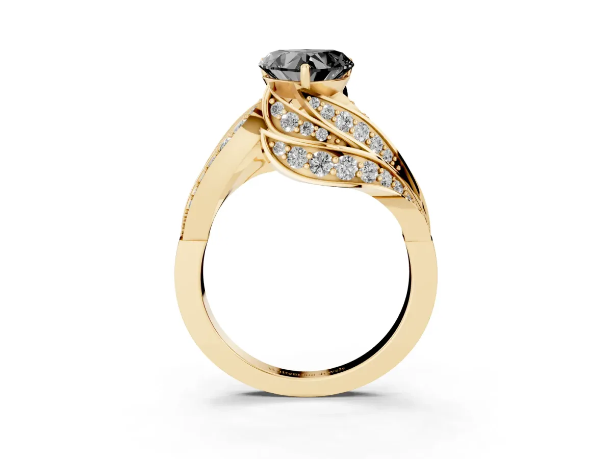 Fancy Black Heart Cut Diamond Solitaire Ring with Prong Setting and Twisted Pavé Band Yellow gold