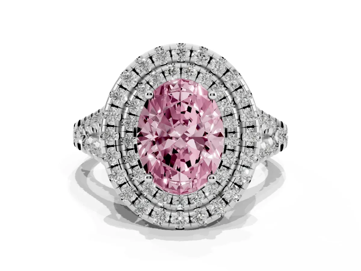 Fancy Pink Double Halo Oval Cut Diamond Pavé Split Shank Ring with Prong Setting Platinum