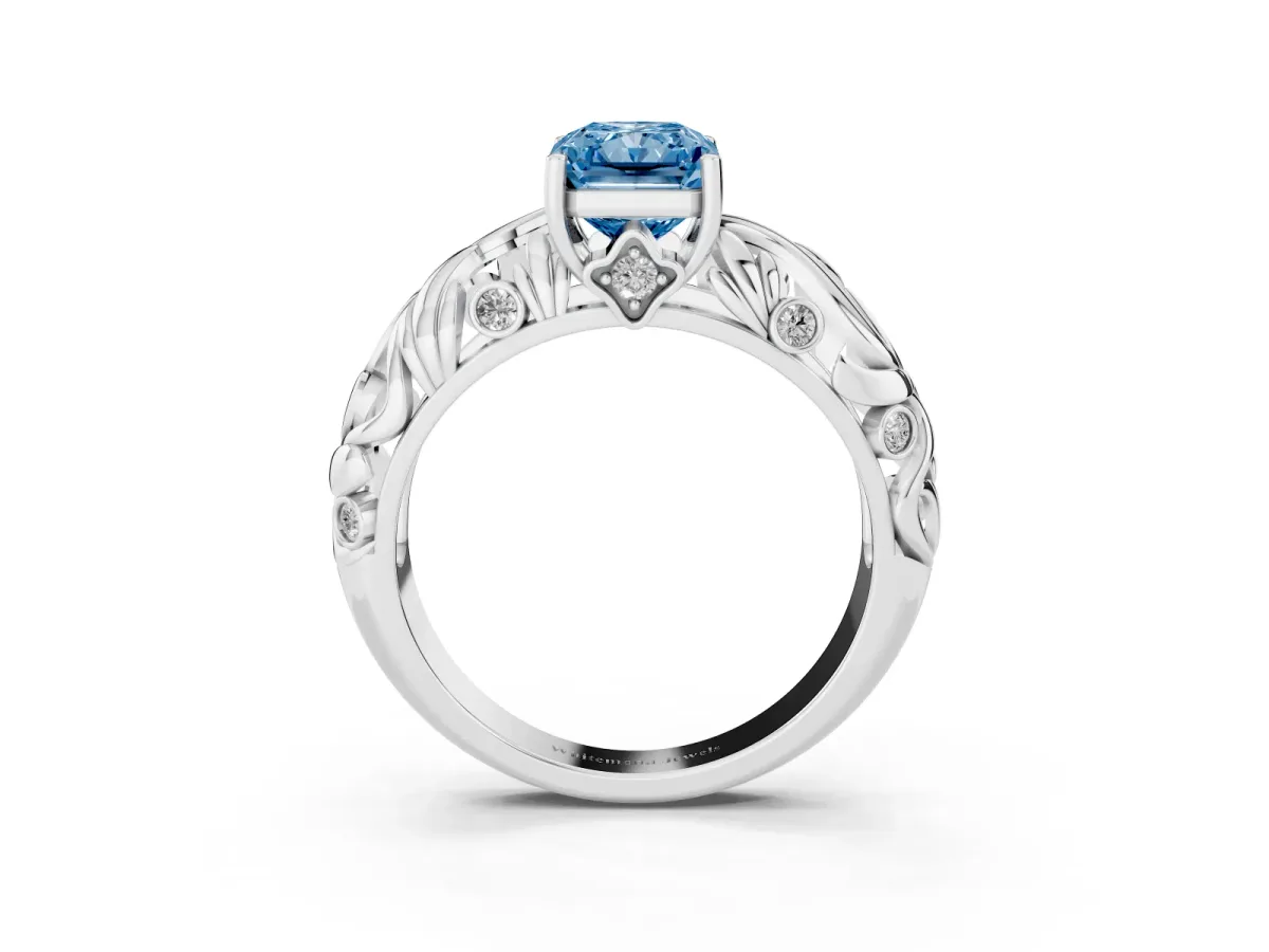 Fancy Blue Radiant Cut Solitaire Diamond Leaf-Inspired Vine Band Ring with Prong Setting Silver