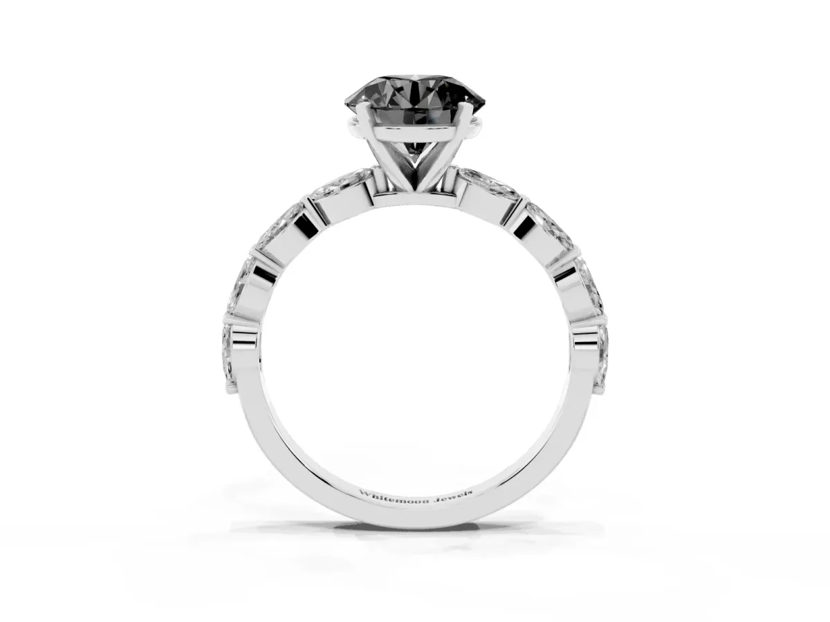 Fancy Black Round Cut Diamond Ring with Marquise Side Stones and Prong Setting Silver