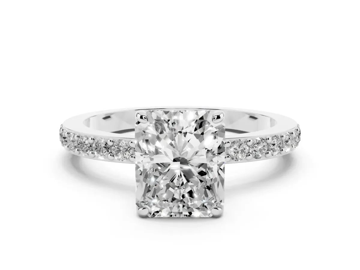 Radiant Cut Diamond Pavé Engagement Ring with Round Accents and Prong Setting Silver