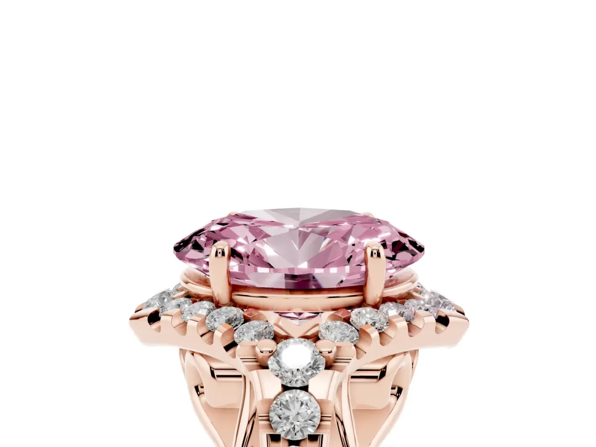 Fancy Pink Oval Cut Diamond Solitaire Ring with Hidden Halo and Pavé Band Rose gold