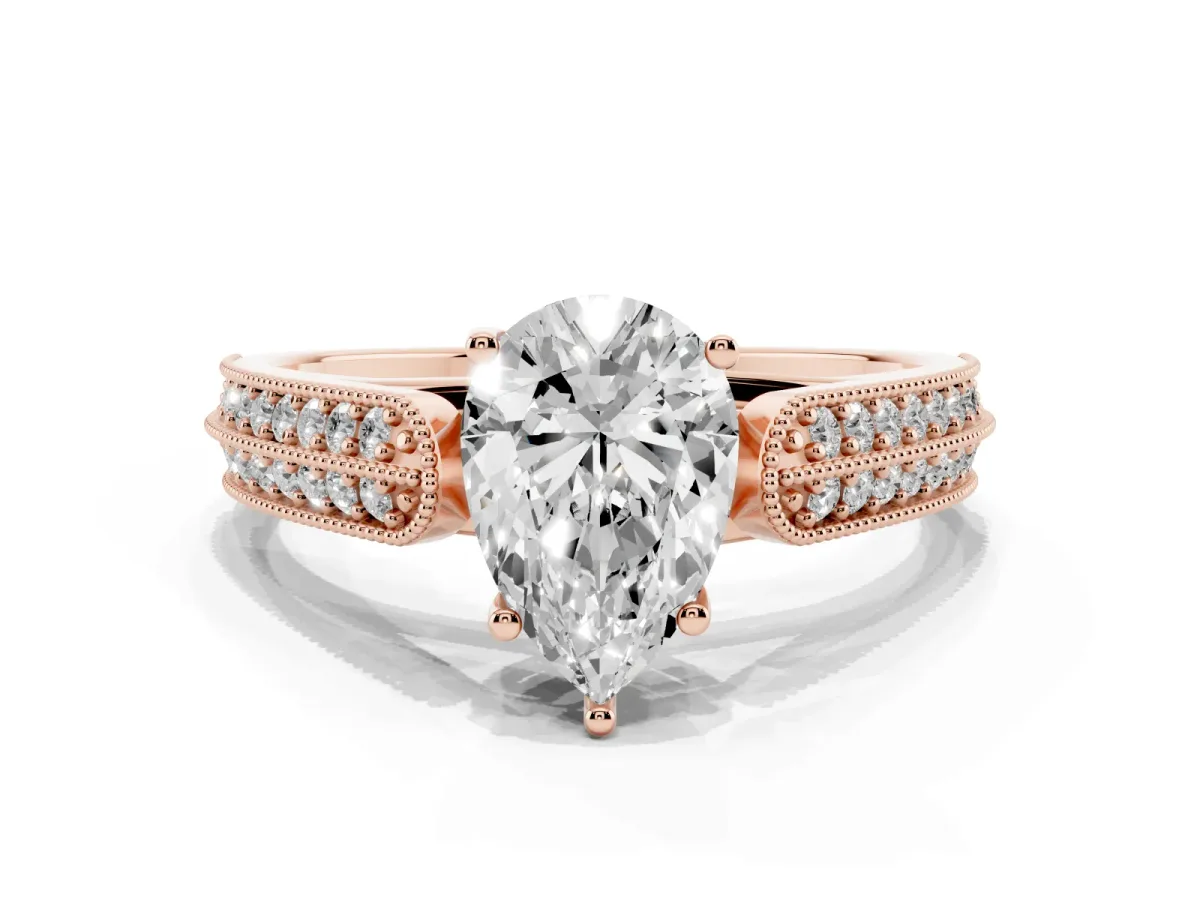 Pear Cut Cut Pave Split Shank Engagement Ring with Four-Prong Setting Rose gold
