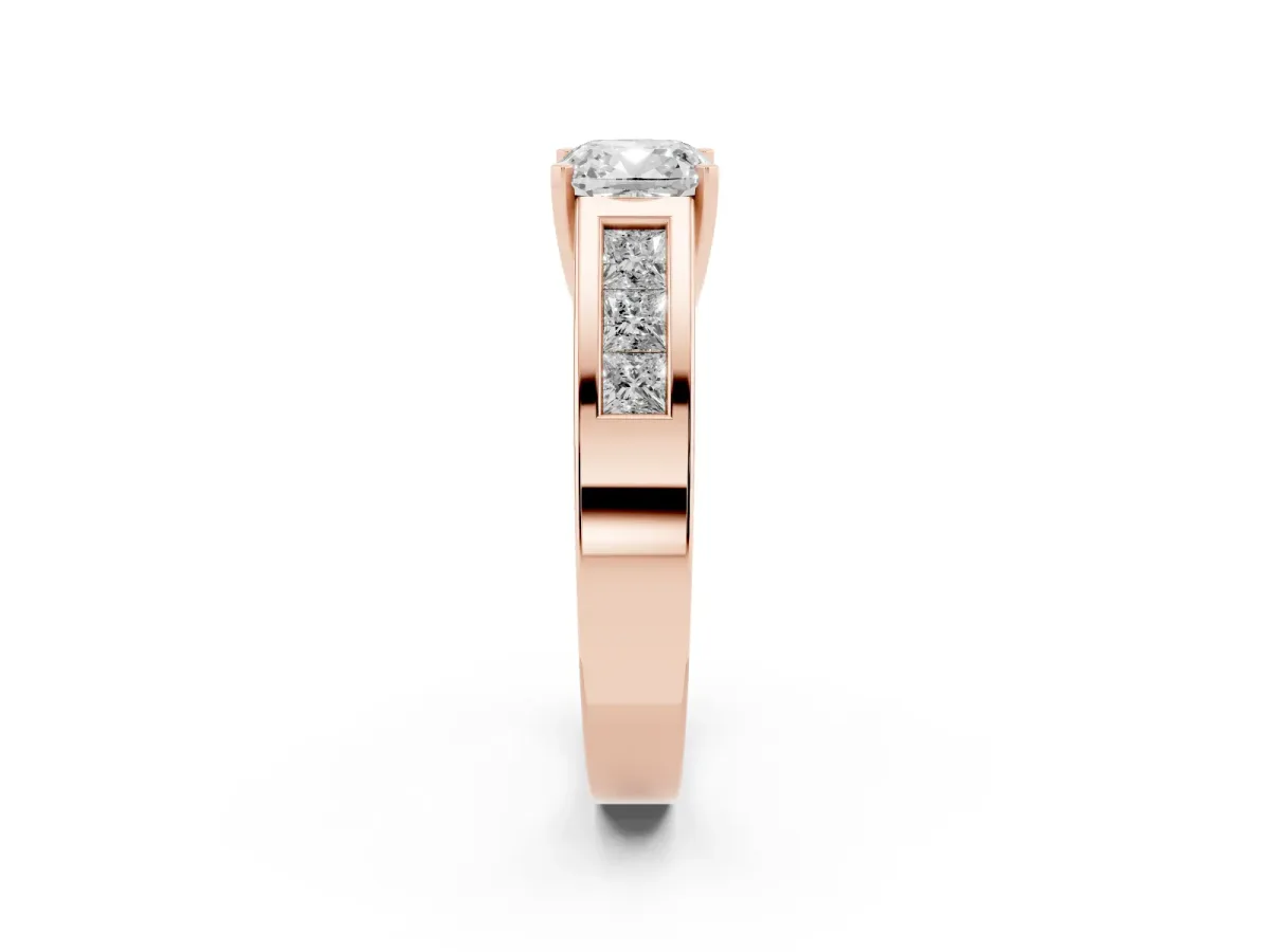 Cushion Cut Cut Channel Set Solitaire Ring with Four-Prong Setting Rose gold